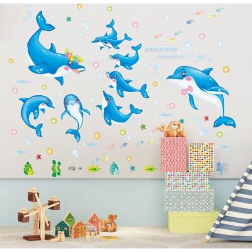 Blue Color Dolphins Wall Stickers PVC Material DIY Animals Wall Decals for Kids Room Baby Bedroom Decoration