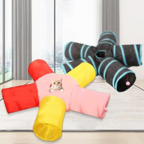 Folding Cat Tunnel Toys Pet Tube Folding Play Toy Pet Cats Kitten 5-Way Foldable Tunnel Tube Hanging Bell Ball Training Play Toy