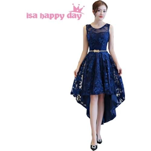 Modest low cut back deep blue o neck gown dresses front short and long back vintage elegent high low prom dress 2020 H4253