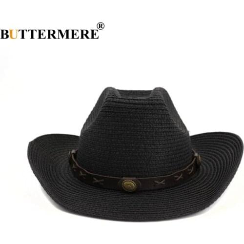 BUTTERMERE Straw Hat Cowboy Mens Panama Hat Summer Beach Straw Hat Black Women Casual Hat 2021 New Arrival Cowboy Cap