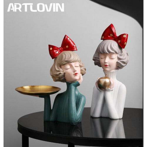 Modern Luxury Bowknot Girl Resin Figurines Home Decoration People Bust Storage Plate Gilr Statue For Room Decor Wedding Gifts