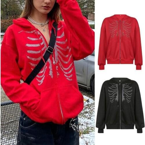 Spider Rhinestone Hoodies WomenS Oversized Sweatshirts Harajuku Pockets Hooded Zip Up Jacket Femme y2k Autumn Grunge Top 2021