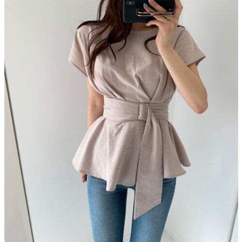 Korean Blouse 2021 Summer New Style Fashion Temperament Pure Color Design Sense of Niche Casual Tie Belt Waist Slim Shirt Women