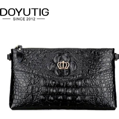 DOYUTIG Women Evening Clutch Bag Black Crocodile Pattern Female Genuine Leather Shoulder Bags Crossbody Purses & Handbags A211