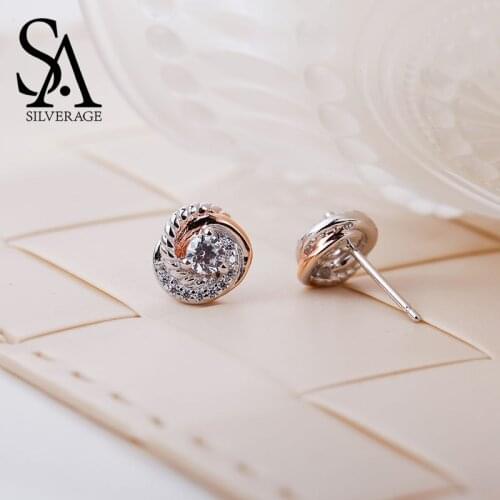SA SILVERAGE Real 925 Sterling Silver Stud Earrings Rose Gold Color Fine Jewelry Love Circle 925 Silver Stud Earrings for Women