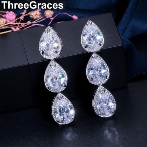 ThreeGraces Summer Fashion Ladies Jewelry High Quality Silver Color CZ Stone Connect Teardrop Women Dangle Earrings ER165