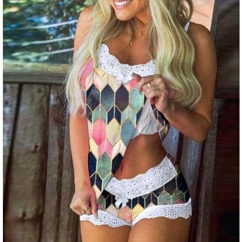 Sexy Two Piece Outfits Women Patchwork Design Lace Decor O-Neck Top Slim Hips Shorts Summer Sling Print Shorts Home Service