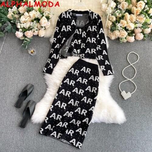 ALPHALMODA Celebrity Elegant Suit 2021 New Knitted Letter Cardigan + Versatile Suspender Vest + High Waist Skirt 3pcs Suit