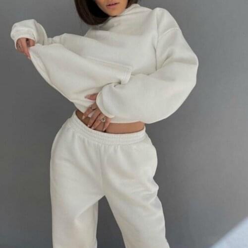 Hooded womens casual sweater set velvet hot solid color hooded sweater big pocket stretch waist top and pants suit