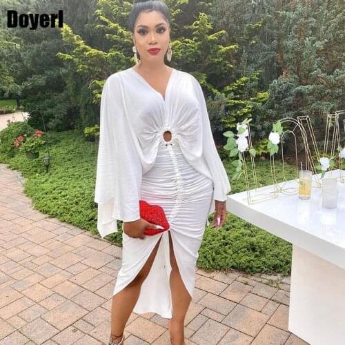 Long Sleeve White Ruched Bodycon Dress Women Elegant V Neck Front Split Midi Sexy Party Dress for Lady Celebrity Evening Dresses