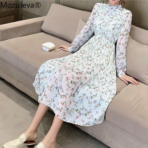 Mozuleva 2021 Vintage Turtleneck Print Women A-line Dress Long Sleeve Spring Autumn Chiffon Female Dress Vestidos Femme