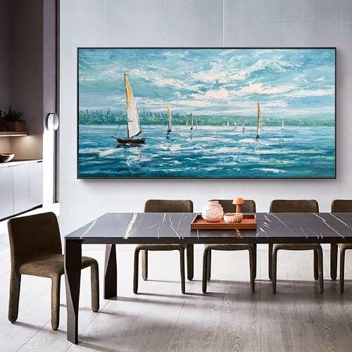 Free Shipping Hand-Painted Oil Painting Sailing Boat Large Mediterranea Landscape Paintings Living Room Dining Room Decoration