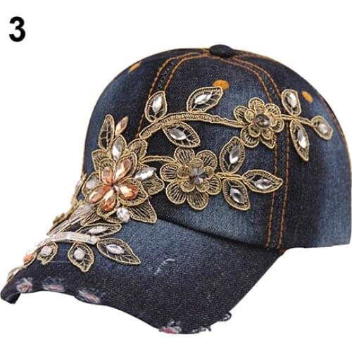 2021 Hot Sales Womens Embossing Flower Denim Baseball Cap Summer Rhinestone Snapback Jeans Hat