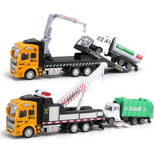 19CM Crane Trailer Tow Truck Toy Model 1:48 with Pull Back Garbage Truck Alloy Diecasts Sanitation Vehicle Car Toy for Kids Y194