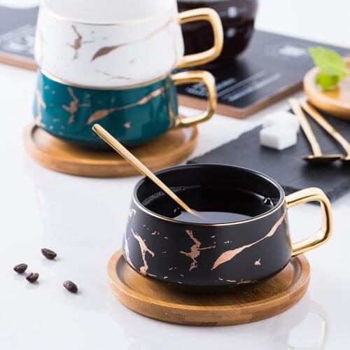 Nordic Marble Pattern Ceramic Coffee Mug House-hood Breakfast Milk Office Water Mugs Coffee Bar Cups With Wooden Lid Saucer Set