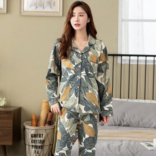 M-4XL Womens Pajamas Set New Spring Fall Cotton Pijamas Leaf Pattern Sleepwear Pajamas women Pijama Feminino Home Clothes