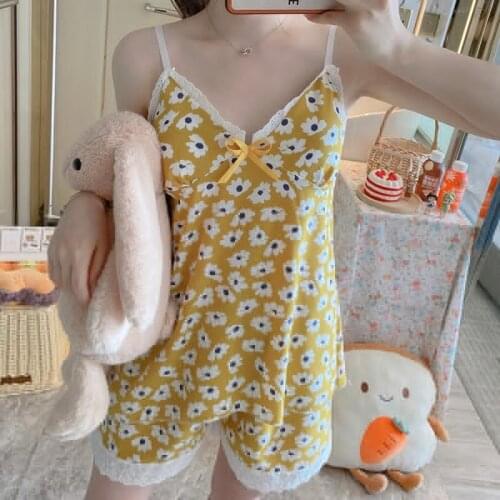 Fashion Womens Pajamas Printed Flowers Summer Sleepwear Soft Casual Home Wear Shorts Set 2 Pieces Pyjamas Detachable Chest Pad