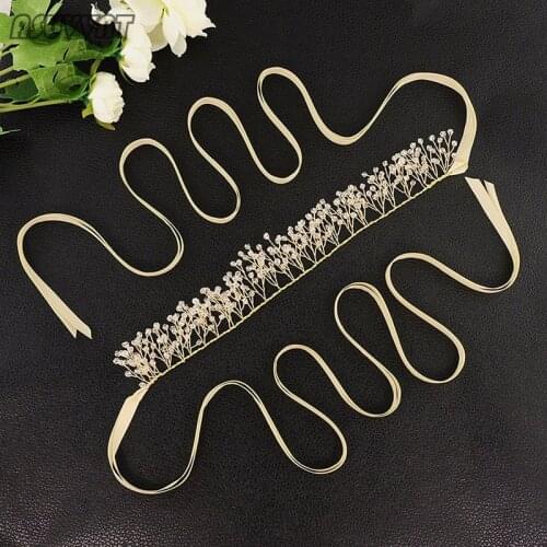 Fashion Belt Bridal Crystal Golden Rhinestones And Pearl Belt Headband Wedding Belt Party Dress Accessories For Woman Girl
