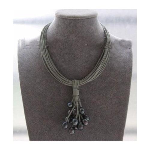 New Arriver Pearl Jewelry 15 Row 16'' 13mm Black Rice Freshwater Pearl Gray Leather Grape Necklace Magnet Clasp