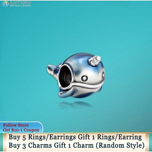 Ahthen 925 Sterling Silver Beads Shimmering Narwhal Charms fit Original Pandora Bracelets for Women Jewelry Making Girl Gift