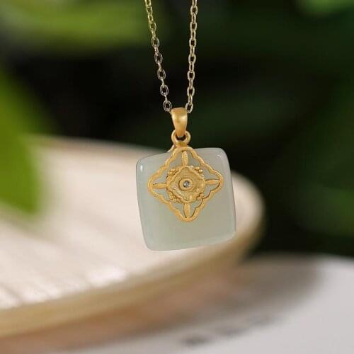 Original S925 Sterling Silver Gold Plated Natural Hetian Jade Simple Personality Womens Lucky Pendant Pendant Necklace Pendant