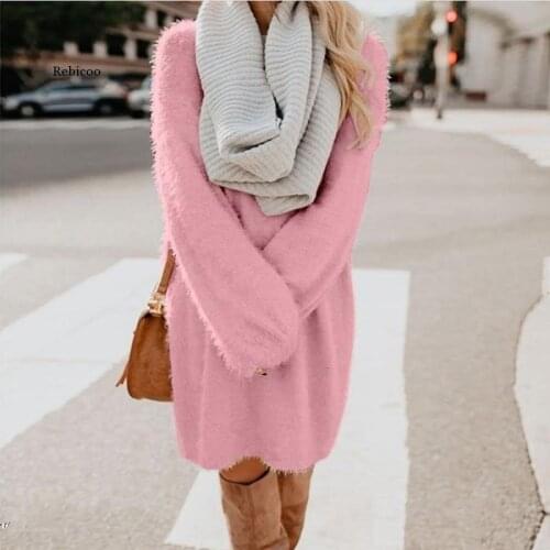 Autumn Winter Dress Women Plush Fleece Warm Midi Dress Sweater Long Sleeve o Neck Casual Loose Solid Color Sexy Party Dresses