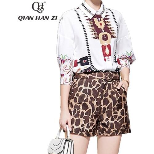 Qian Han Zi autumn designer fashion 2-piece set Womens crystal beaded shirt and blouses + leopard print short pants suit set