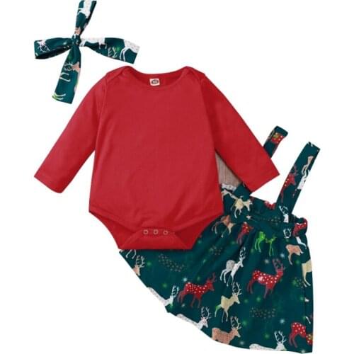 Autumn Baby Girl Clothing Set Baby Christmas Red Cartoon Elk Printed StrapSkirt+Long Sleeve Romper Headwear 3PCS Suit Outfits