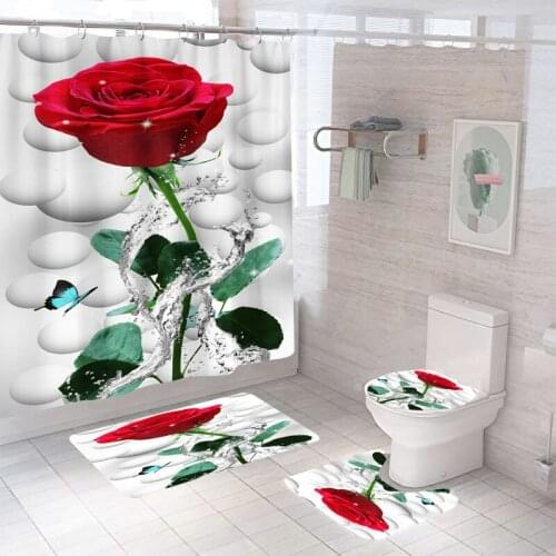 Rose Waterproof Bathroom Shower Curtain Set with Bath Mats and Rugs Toilet Seat Cover Bathroom Decor Polyester Fabric Washable