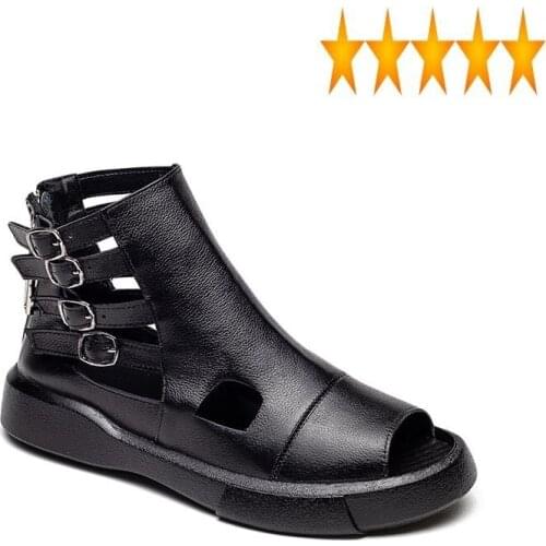 Leather Summer Footwear Women Genuine Sandal Flat Platform Peep Toe Hollow Out Zipper Gladiator Sandals Casual High Top Shoes