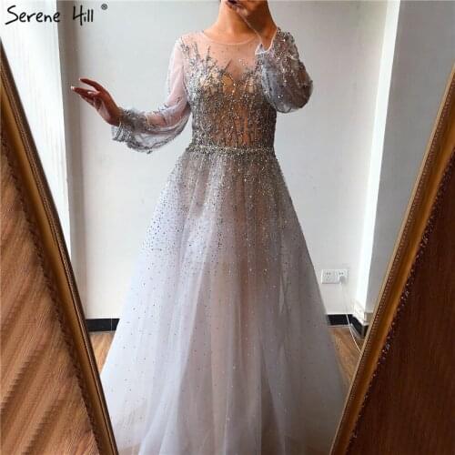 Serene Hill Silver Luxury Long Sleeves Dubai Evening Dress 2020 O-Neck Sequins Beading Sexy Formal Party Gown CLA70418