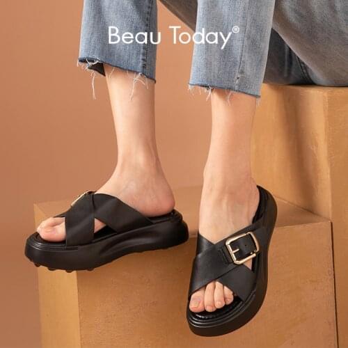BeauToday Chunky Slippers Women Calfskin Leather Round Toe Platform Cross Over Strap Summer Beach Female Flat Shoes 38506