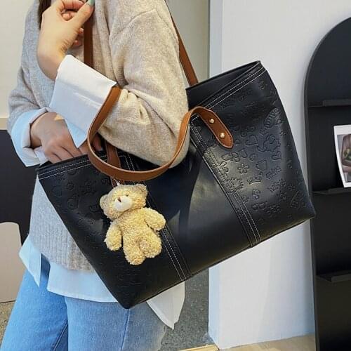 Black Casual Female Totes Bags for Women 2021 New Cartoon Print Handbag Big Pu Leather Shopper Bag Ladies Patchwork Shoulder Bag