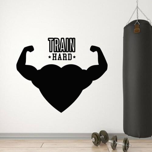 Train Hard Wall Decal Gym Fitness Club Interior Decor Muscles Creative Love Heart Vinyl Window Stickers Art Words Mural M374