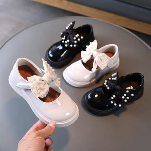 New 26-36 Girls Single Princess Shoes Pearl Shallow Childrens Flat Shose Kid Baby Bowknot Shoes Spring Autumn Kids Dress Shoes