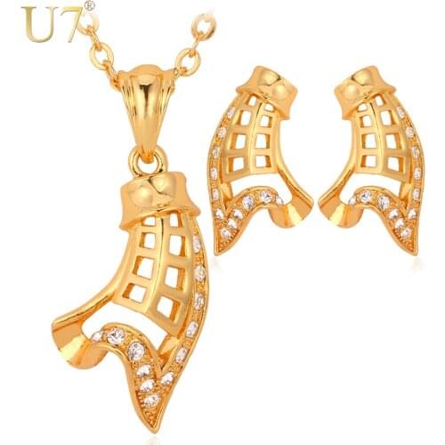 U7 Vintage Necklace Set Gold Color Clear Rhinestone Classic Necklace/Earrings Party Jewelry Set For Women S520