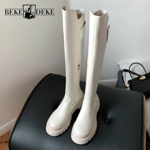 Punk Genuine Leather Long Boots Women Platform Over The Knee Boots Winter Warm Short Plush White Thigh High Knight Boots Female