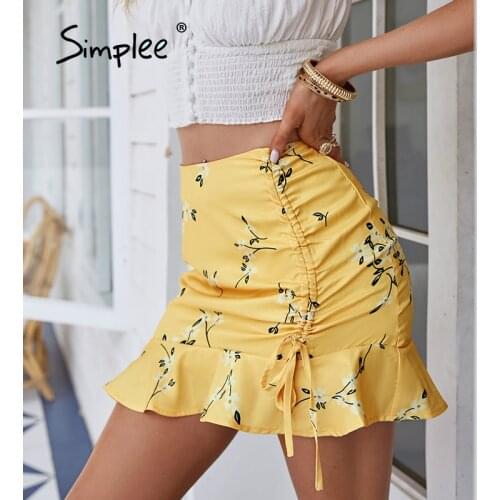 Simplee Holiday floral print pleating women mini skirt summer Ruffled high waist romantic skirts lady Fashion chic style bottom