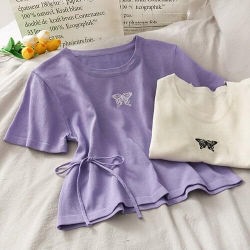 HELIAR Women Summer Knitted Round Knit Tees Butterfly Tops T-Shirts Drawstring Knitted Tees Tees Women Tops 2021 Summer