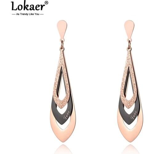 Lokaer Trendy Stainless Steel Water Drop Shape Dangle Earrings Jewelry For Women Rose Gold Geometry Anniversary Earrings E19037