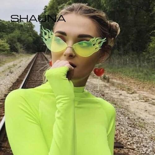 SHAUNA Fashion Fire Sunglasses Women Brand Designer Neon Green Ocean Film Rimless Shades UV400