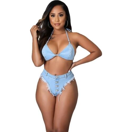 Denim Top Women Shell Bikini Set 2021 Women Swimsuit Bikinis Set Crop Top & Shorts Sexy Beach Swimsuit Denim 2 Piece Set Outfits