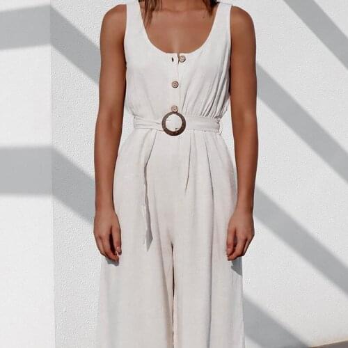 Women Elegant High Waist 2021 Summer Casual Overalls Ladies Sleeveless Solid Jumpsuits with Sashes Wide Leg Rompers for Female