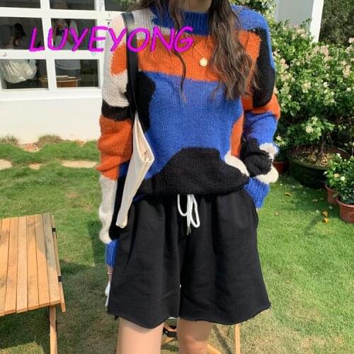 Korean Fashion Knit Top Women Blue O Neck Long Sleeve Sweaters Contrast Color Striped Lady Street Pullover Sweater Autumn Winter