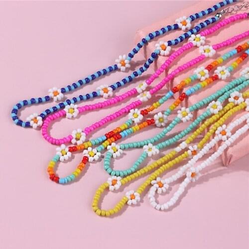 2021 Colorful Daisy Flowers Beaded Necklace Charm Statement Short Choker Necklace for Women Korea Summer Jewelry Dropshipping