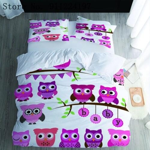 Cartoon Duvet Cover Comforter Bedding Set 3D Purple Printing Owl 3pcs Quilt Cover Single Double Queen King Size Home Textile