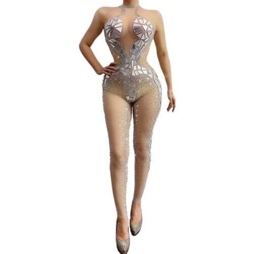 Shining Sequined Rhinestones Women Jumpsuits Sleeveless Tight Stretch Perspective Bodysuits Nightclub Singer Dancer Outfit