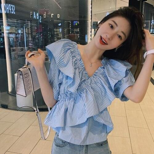 Blouse Women Blue Striped Ruffle Top Summer Short Sleeve V-neck Shirt Women Blusas Ropa De Mujer