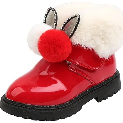 Baby Girls Boots Toddlers Kids Snow Boots PU Patent Leather Warm Fur Ball Cute Sweet Rabbit Ears Rhinestone Children Ankle Boots