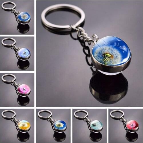 Dandelion Keychain Dandelion Art Picture Glass Ball Key Chains Double Side Cabochon Glass Pendant Metal Keyring Graduation Gifts